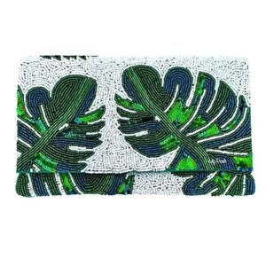 Green And White Beaded Sequin Palm Leaf Tropical Clutch Bag - Beachly